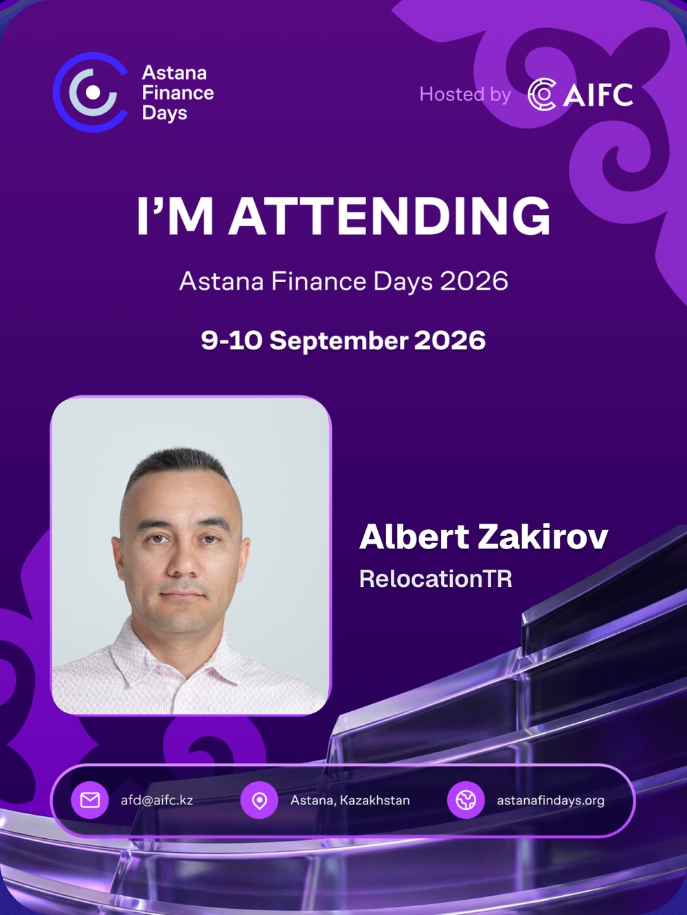 Albert Zakirov, RelocationTR — I'm attending Astana Finance Days 2026, 9-10 September